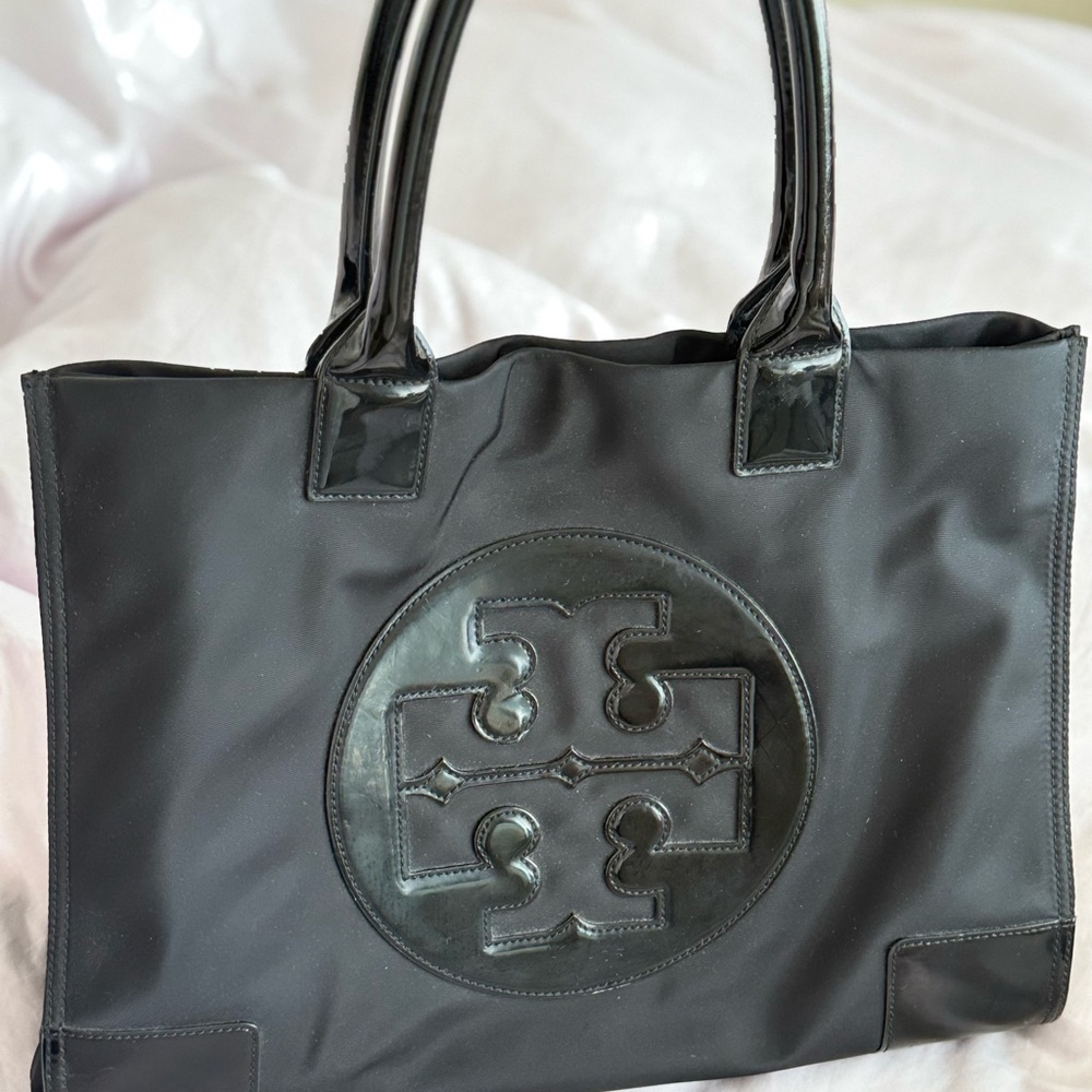 Tory Burch Black Ella Patent Tote Bag with Logo